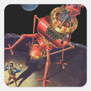 Vintage-Science-Fiction-Astronaut mit Alien-Robote Quadratischer Aufkleber