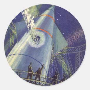Vintage-Science-Fiction-Astronauten auf einer Rake Runder Aufkleber