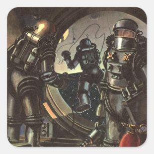 Vintage-Science-Fiction-Astronauten bei einem Welt Quadratischer Aufkleber