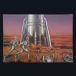 Vintage Science Fiction, Astronauten Käfer Außerir Stofftischset<br><div class="desc">Vintage Illustration futuristische Science Fiction Reise und Transport Rocketship Image. Astronauten,  die zu ihrem Raketenschiff rennen,  das aus käfenförmigen Außerirdischen auf einem fremden Planeten entkommt,  der versucht,  wieder auf die Erde zu kommen. Ein klassischer 50er Retro-Comic Buch sci fi Design der Zukunft.</div>