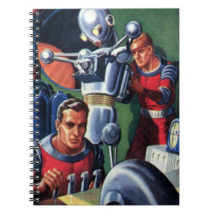Vintage-Science-Fiction-Astronauten reparieren ein Notizblock