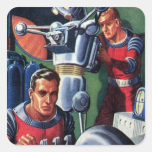 Vintage-Science-Fiction-Astronauten reparieren ein Quadratischer Aufkleber