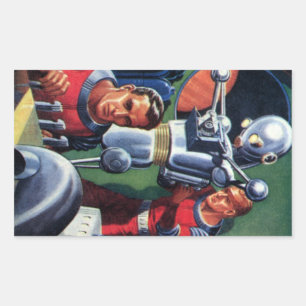 Vintage Science-Fiction-Astronauten reparieren ein Rechteckiger Aufkleber