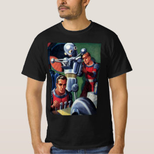 Vintage-Science-Fiction-Astronauten reparieren ein T-Shirt