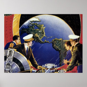 Vintage-Science-Fiction-Astronauten umkreisen die  Poster