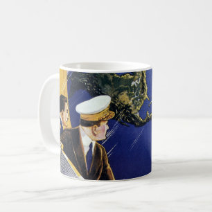Vintage-Science-Fiction-Astronauten umkreisen die  Tasse