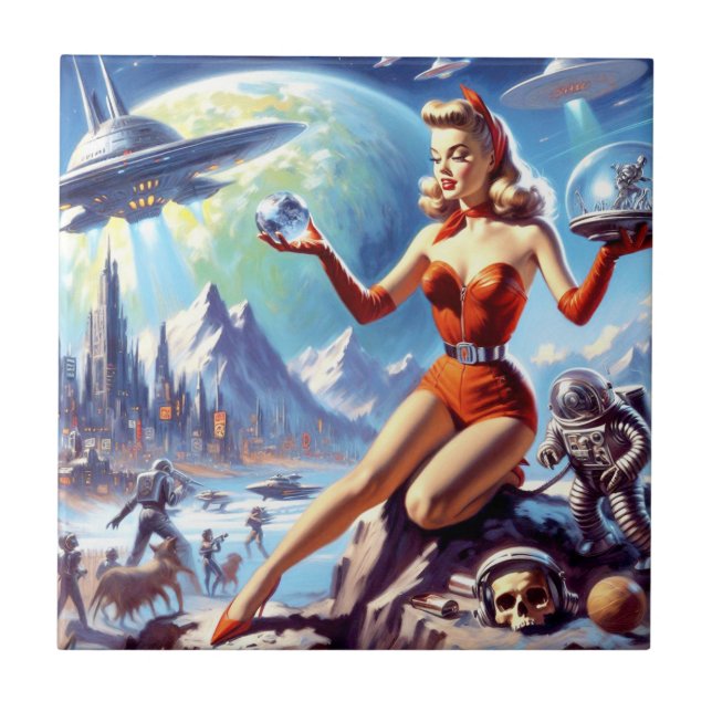 Vintage Science Fiction der 50er Jahre Fliese (Vorderseite)
