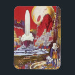 Vintage Science Fiction, die verlorene Stadt Atlan Magnet<br><div class="desc">Vintages Bild der Science Fiction mit Alien-Frauen, die über eine futuristische Stadt schauen, mit einem Wasserbrunnen in der Mitte, Außerirdischen mit Eidechsen für Haustiere, griechischer oder römischer Bauart und einem riesigen Mond im Hintergrund. Könnte die verlorene Stadt Atlantis sein! Ein klassisches Comic Buch Zukunft Retro Sci fi Szene aus dem...</div>