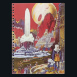 Vintage Science Fiction, die verlorene Stadt Atlan Notizblock<br><div class="desc">Vintages Bild der Science Fiction mit Alien-Frauen, die über eine futuristische Stadt schauen, mit einem Wasserbrunnen in der Mitte, Außerirdischen mit Eidechsen für Haustiere, griechischer oder römischer Bauart und einem riesigen Mond im Hintergrund. Könnte die verlorene Stadt Atlantis sein! Ein klassisches Comic Buch Zukunft Retro Sci fi Szene aus dem...</div>