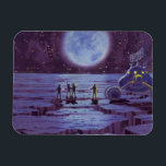 Vintage Science Fiction Erde Rover Außerirdischen Magnet<br><div class="desc">Vintage Illustration futuristische Außerirdischen und Roboter Science Fiction Bild mit einem klassischen 50er Comic Buch Design. Retro-Sci-Fi-Design mit Alien-Astronauten auf einem fremden Planeten mit einem Raumfahrzeug, Mondrover oder Mondrover und Blick auf die Erde und den Weltraum und winkend. Ein dunkler Himmel mit hellen Sternen und Planeten.</div>