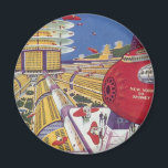 Vintage Science Fiction, futuristische New York Ci Magnet<br><div class="desc">Vintages Bild der Reise und der Science Fiction des Transports mit einem futuristischen Flughafen mit einem Flugzeug,  das von New York City in den USA nach Sydney,  Australien fliegt. Ein klassisches Comic Buch Zukunft Retro-Sci-Fi-Design mit Menschen in persönlichen fliegenden Flugzeug-Autos.</div>