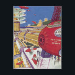 Vintage Science Fiction, futuristische New York Ci Postkarte<br><div class="desc">Vintages Bild der Reise und der Science Fiction des Transports mit einem futuristischen Flughafen mit einem Flugzeug,  das von New York City in den USA nach Sydney,  Australien fliegt. Ein klassisches Comic Buch Zukunft Retro-Sci-Fi-Design mit Menschen in persönlichen fliegenden Flugzeug-Autos.</div>