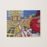 Vintage Science Fiction, futuristische New York Ci Puzzle<br><div class="desc">Vintages Bild der Reise und der Science Fiction des Transports mit einem futuristischen Flughafen mit einem Flugzeug,  das von New York City in den USA nach Sydney,  Australien fliegt. Ein klassisches Comic Buch Zukunft Retro-Sci-Fi-Design mit Menschen in persönlichen fliegenden Flugzeug-Autos.</div>