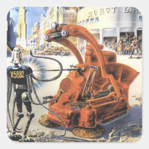 Vintage Science Fiction Futuristische Stadt Alien Quadratischer Aufkleber