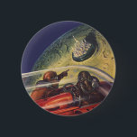 Vintage Science Fiction, futuristische Stadt auf d Button<br><div class="desc">Vintages Bild der Reise und der Science Fiction des Transports mit einem klassischen Comic-Buch Retro-SciFi Weltraum und Planeten-Bild von Astronauten oder Außerirdischen reisen in einem Raumschiff über eine futuristische Metropole auf dem Mond.</div>