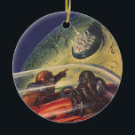 Vintage Science Fiction, futuristische Stadt auf d Keramik Ornament<br><div class="desc">Vintages Bild der Reise und der Science Fiction des Transports mit einem klassischen Comic-Buch Retro-SciFi Weltraum und Planeten-Bild von Astronauten oder Außerirdischen reisen in einem Raumschiff über eine futuristische Metropole auf dem Mond.</div>