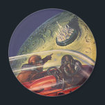 Vintage Science Fiction, futuristische Stadt auf d Magnet<br><div class="desc">Vintages Bild der Reise und der Science Fiction des Transports mit einem klassischen Comic-Buch Retro-SciFi Weltraum und Planeten-Bild von Astronauten oder Außerirdischen reisen in einem Raumschiff über eine futuristische Metropole auf dem Mond.</div>