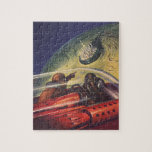 Vintage Science Fiction, futuristische Stadt auf d Puzzle<br><div class="desc">Vintages Bild der Reise und der Science Fiction des Transports mit einem klassischen Comic-Buch Retro-SciFi Weltraum und Planeten-Bild von Astronauten oder Außerirdischen reisen in einem Raumschiff über eine futuristische Metropole auf dem Mond.</div>