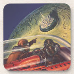 Vintage Science Fiction, futuristische Stadt auf d Untersetzer<br><div class="desc">Vintages Bild der Reise und der Science Fiction des Transports mit einem klassischen Comic-Buch Retro-SciFi Weltraum und Planeten-Bild von Astronauten oder Außerirdischen reisen in einem Raumschiff über eine futuristische Metropole auf dem Mond.</div>