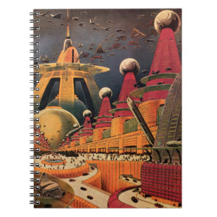 Vintage Science-Fiction futuristische Stadt fliege Notizblock