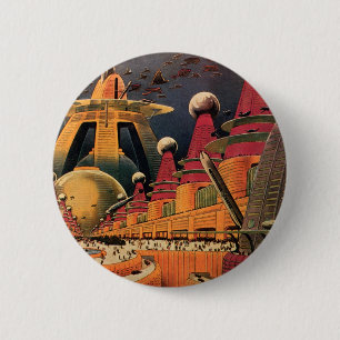 Vintage Science Fiction Futuristische Stadt Flying Button