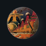 Vintage Science Fiction Futuristische Stadt Flying Button<br><div class="desc">Vintages Bild der Reise-und Transport-Science Fiction mit einem klassischen Comic-Buch Retro sci,  wenn urbane Umgebung mit einer Stadt der Zukunft. Die architektonischen Gebäude sind wie Kegel geformt und die Fahrzeuge fliegen wie Vögel,  während sich Menschenmassen durch die Metropole bewegen.</div>