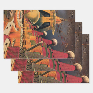 Vintage Science Fiction Futuristische Stadt Flying Geschenkpapier Set