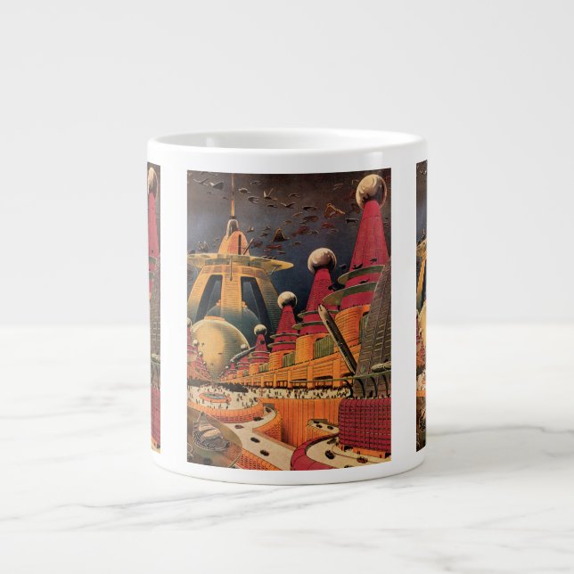 Vintage Science Fiction Futuristische Stadt Flying Jumbo-Tasse (Vorderseite)