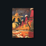 Vintage Science Fiction Futuristische Stadt Flying Leinwanddruck<br><div class="desc">Vintages Bild der Reise-und Transport-Science Fiction mit einem klassischen Comic-Buch Retro sci,  wenn urbane Umgebung mit einer Stadt der Zukunft. Die architektonischen Gebäude sind wie Kegel geformt und die Fahrzeuge fliegen wie Vögel,  während sich Menschenmassen durch die Metropole bewegen.</div>