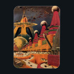 Vintage Science Fiction Futuristische Stadt Flying Magnet<br><div class="desc">Vintages Bild der Reise-und Transport-Science Fiction mit einem klassischen Comic-Buch Retro sci,  wenn urbane Umgebung mit einer Stadt der Zukunft. Die architektonischen Gebäude sind wie Kegel geformt und die Fahrzeuge fliegen wie Vögel,  während sich Menschenmassen durch die Metropole bewegen.</div>