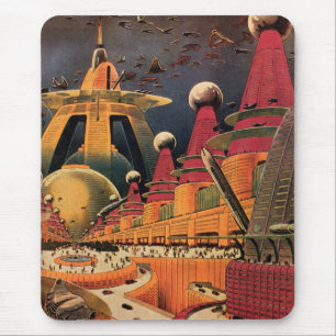 Vintage Science Fiction Futuristische Stadt Flying Mousepad