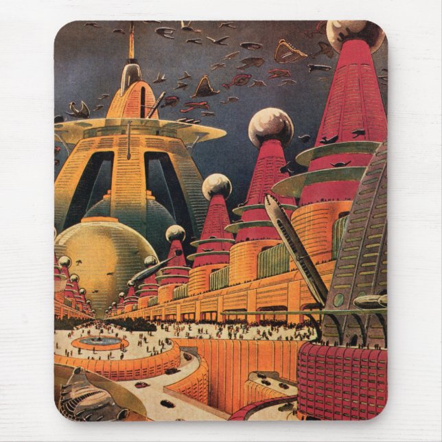 Vintage Science Fiction Futuristische Stadt Flying Mousepad (Vorne)