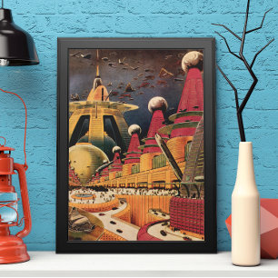 Vintage Science Fiction Futuristische Stadt Flying Poster
