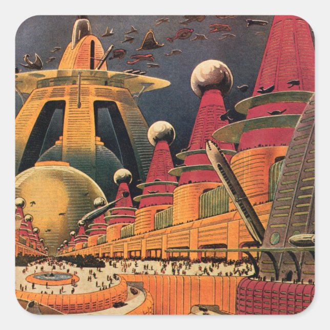 Vintage Science Fiction Futuristische Stadt Flying Quadratischer Aufkleber (Vorderseite)