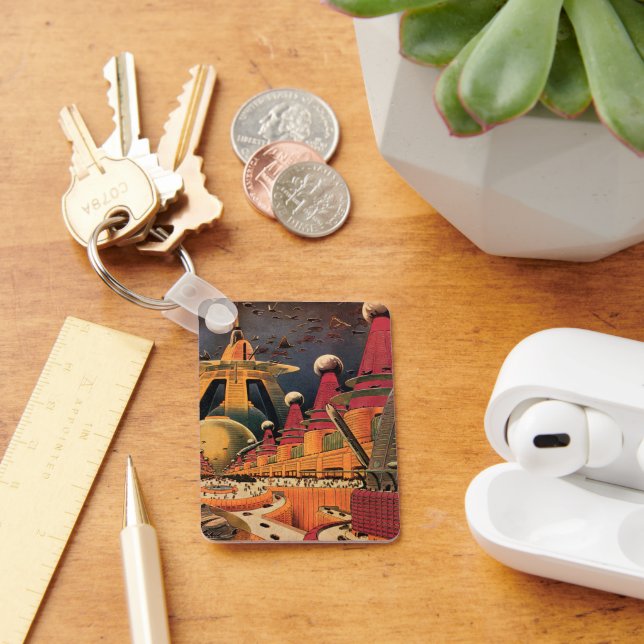 Vintage Science Fiction Futuristische Stadt Flying Schlüsselanhänger (Schreibtisch)