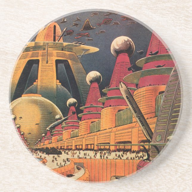 Vintage Science Fiction Futuristische Stadt Flying Untersetzer (Vorne)