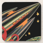 Vintage Science Fiction Getränkeuntersetzer<br><div class="desc">Vintage Illustration futuristischen Weltraum und Planeten Science Fiction Bild. Ein klassisches 50er Retro-Comic Buch sci fi-Gestaltung der Zukunft mit einem Reise-und Transport-Raketenschiff durch den Weltraum vorbei an den Sternen und dem Mond auf dem Weg zurück zur Erde.</div>