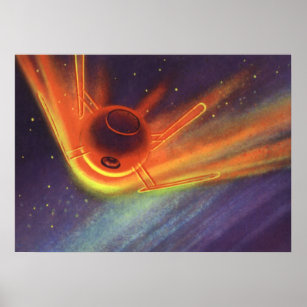 Vintage Science Fiction, glühende Rakete im Weltra Poster