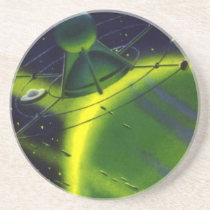 Vintage Science Fiction Grüner Planet w Raumschiff Getränkeuntersetzer