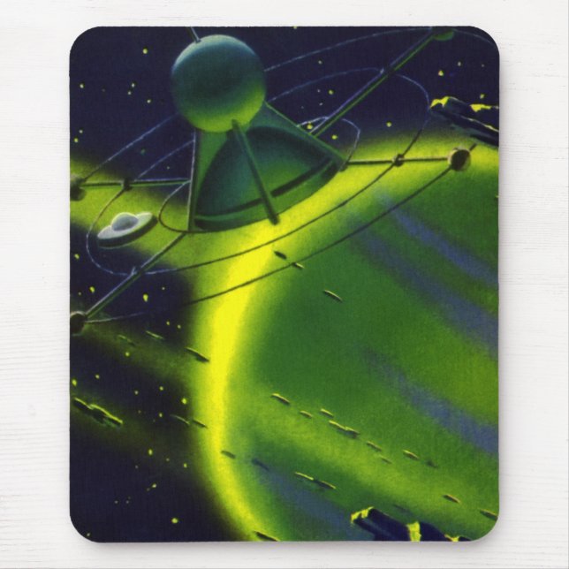 Vintage Science Fiction Grüner Planet w Raumschiff Mousepad (Vorne)