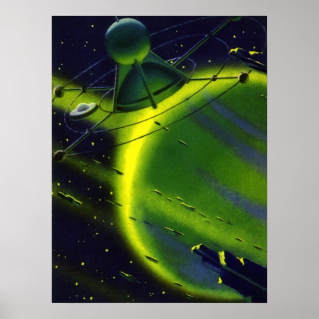 Vintage Science Fiction Grüner Planet w Raumschiff Poster (Vorne)