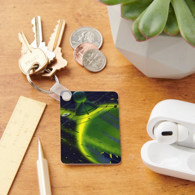 Vintage Science Fiction Grüner Planet w Raumschiff Schlüsselanhänger (Schreibtisch)