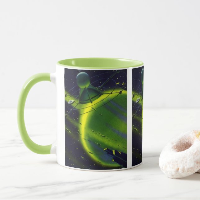 Vintage Science Fiction Grüner Planet w Raumschiff Tasse (Mit Donut)