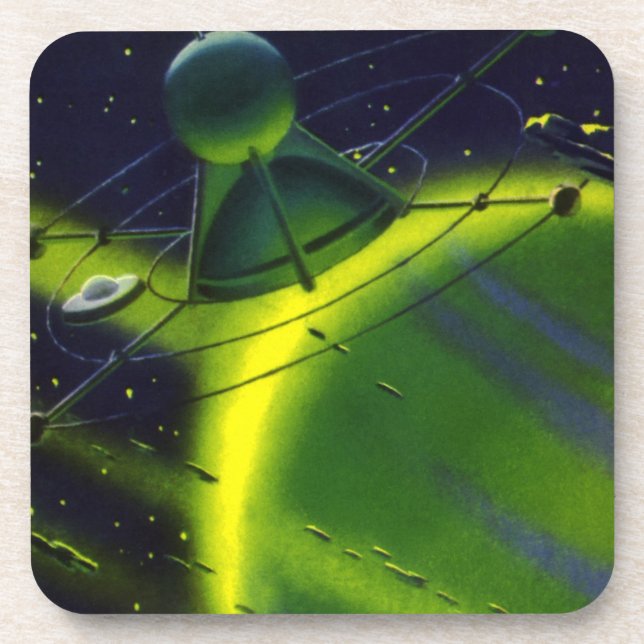 Vintage Science Fiction Grüner Planet w Raumschiff Untersetzer (Vorderseite)