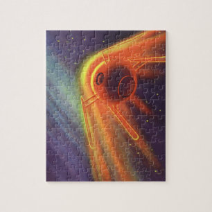 Vintage Science-Fiction, leuchtende Rakete im Welt Puzzle