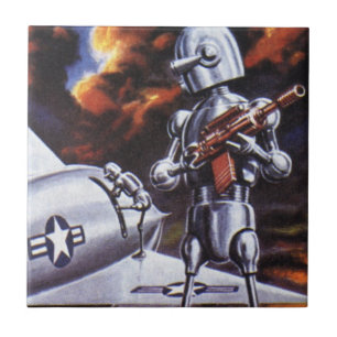 Vintage Science-Fiction-Militärroboter-Soldaten Fliese