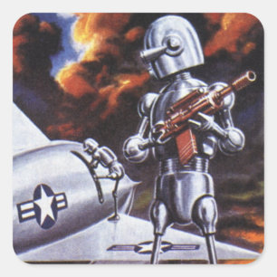 Vintage Science-Fiction Militärroboter Soldaten Quadratischer Aufkleber