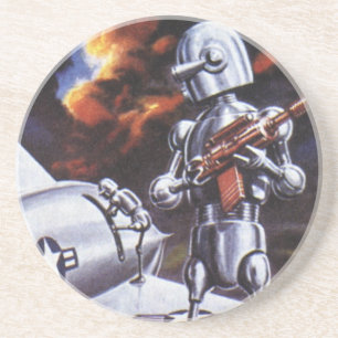 Vintage Science-Fiction Militärroboter Soldaten Untersetzer