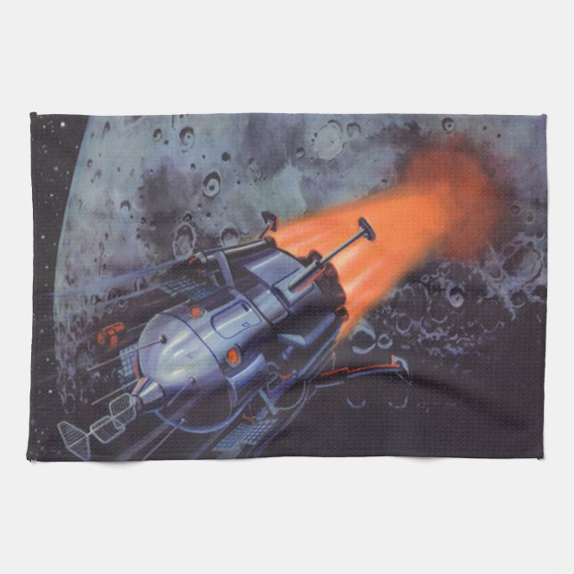 Vintage Science Fiction, Mondrakete abstrahlen Geschirrtuch (Horizontal)