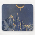 Vintage Science Fiction, Mondschneeplanet Mousepad<br><div class="desc">Vintage Illustration futuristische Science Fiction Planeten und Weltraumbild. Ein 50er Retro-Sci-Fi-Comic Buch-Design mit einem fremden Planeten bedeckt mit Eis und Schnee in der Nacht mit einem Halbmond über den Bergen im Winter.</div>